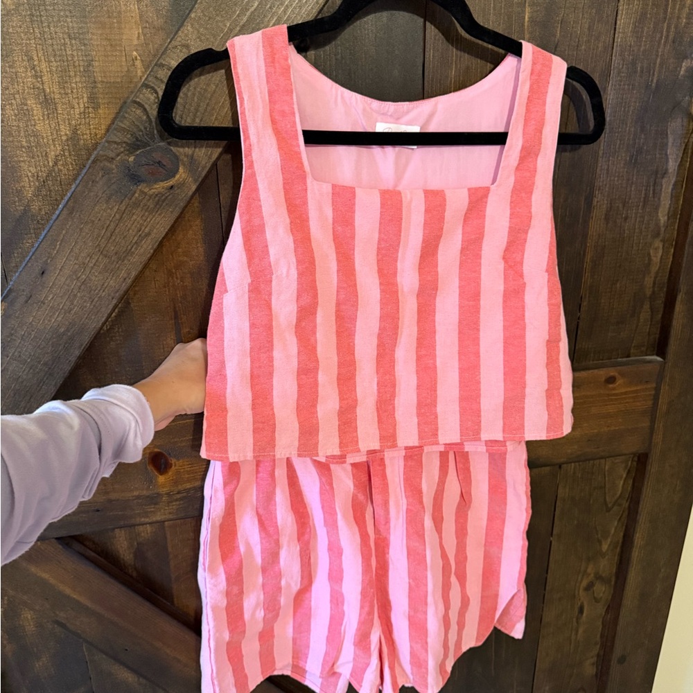 Pink Lily Coral and White Striped Womens short set